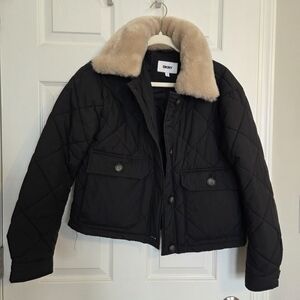 DKNY Black Quilted Jacket with Faux Fur Collar